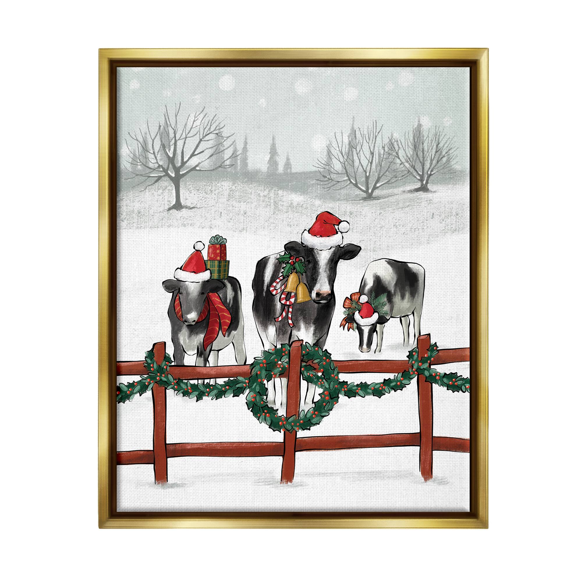 Stupell Industries Holiday Cows Farmland Fence Framed Floater Canvas Wall Art